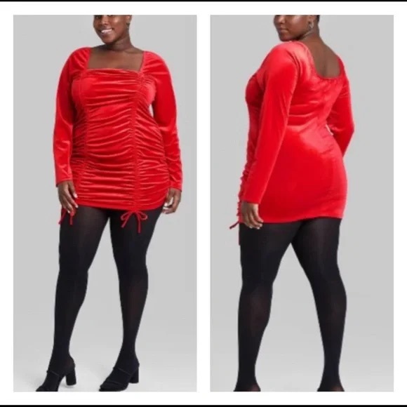 Red Velvet Ruched Bodycon Mini Dress Wild Fable Square Neckline Adjustable Ties - Picture 10 of 11